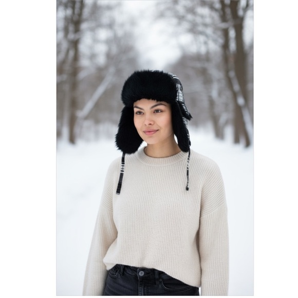 Mad Bomber Black Aviator Pilot Bomber Hat Rabbit Fur Trapper Hunt Cap